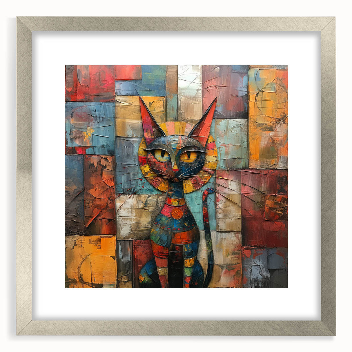 Framed wall art featuring a whimsical cat design in a silver frame, showcasing playful colors and intricate details, perfect for animal lovers' decor.