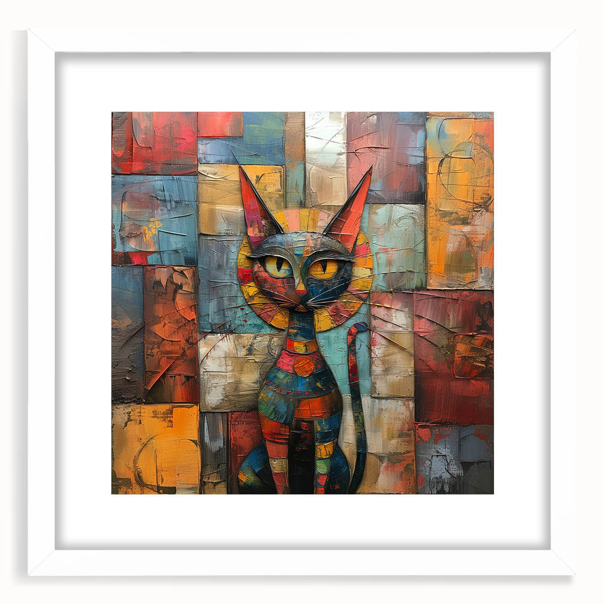 Framed wall art featuring a whimsical cat design, set against a white mat, perfect for adding a playful touch to home decor, ideal for animal lovers.