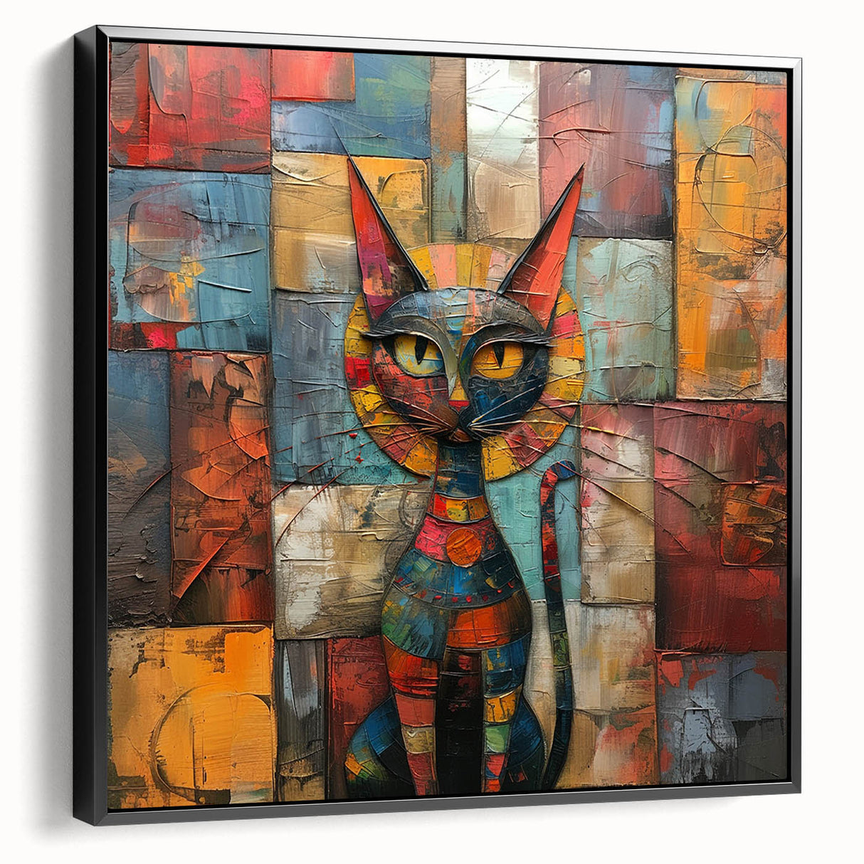Framed black canvas wall art depicting a whimsical cat design, showcasing vibrant colors and playful details, perfect for animal lovers and home decor enthusiasts.