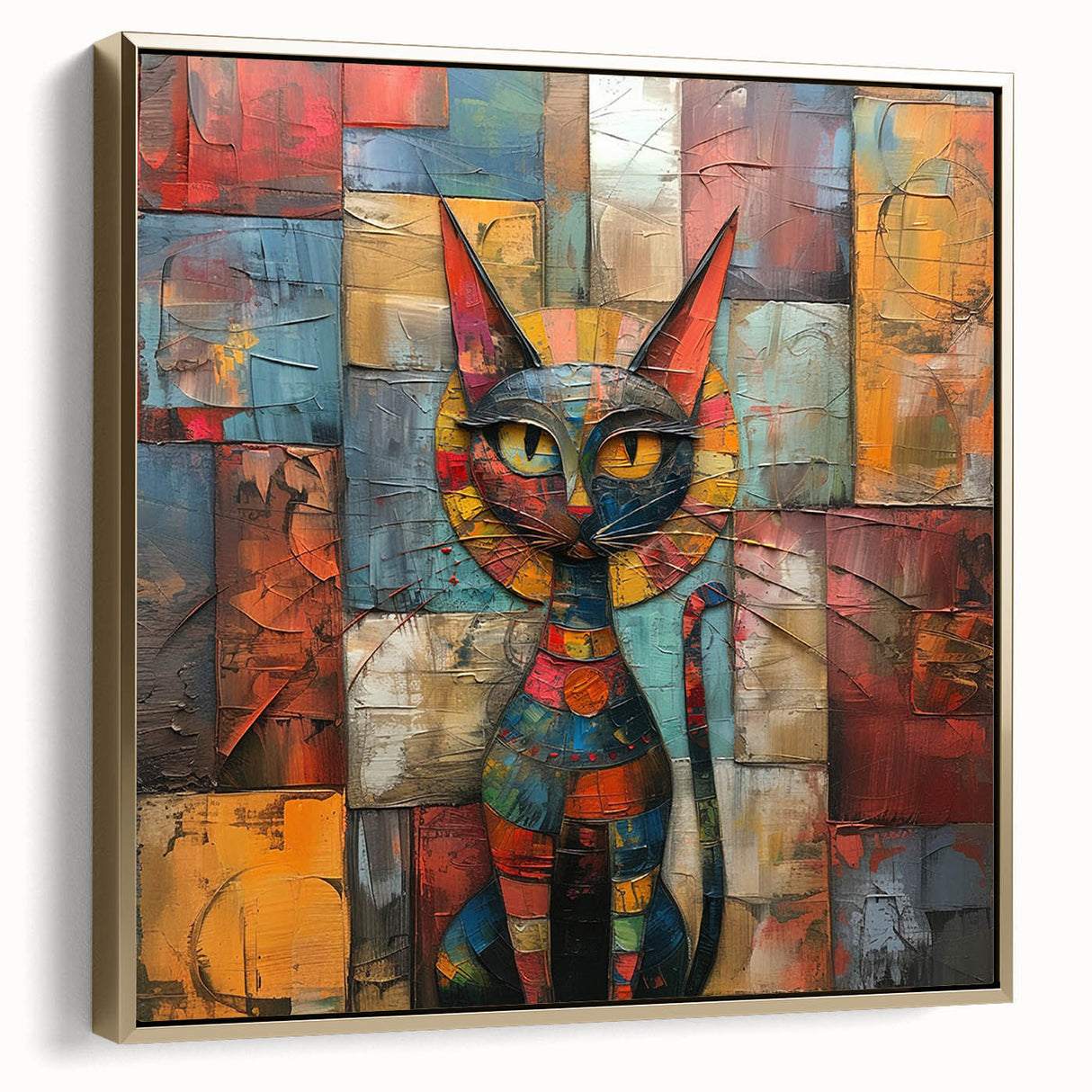 Framed wall art showcasing a whimsical cat design in vibrant colors, featuring golden accents against a textured background, perfect for animal lovers.