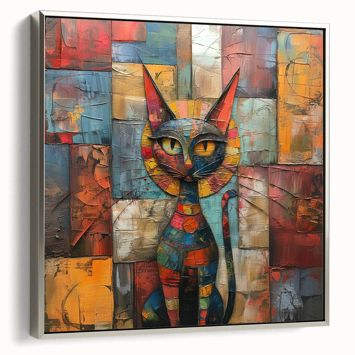 Framed wall art showcasing a sleek silver side view of a wild cat design, perfect for animal lovers and modern home decor, highlighted by soft textures and vibrant colors.
