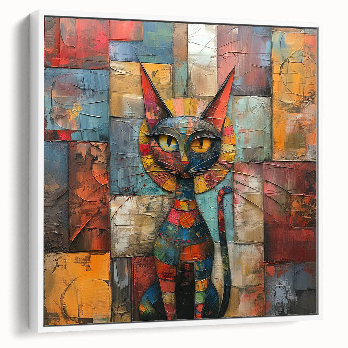 Framed canvas wall art displaying a whimsical cat design in vibrant colors, set against a white background, perfect for adding charm to any room decor.