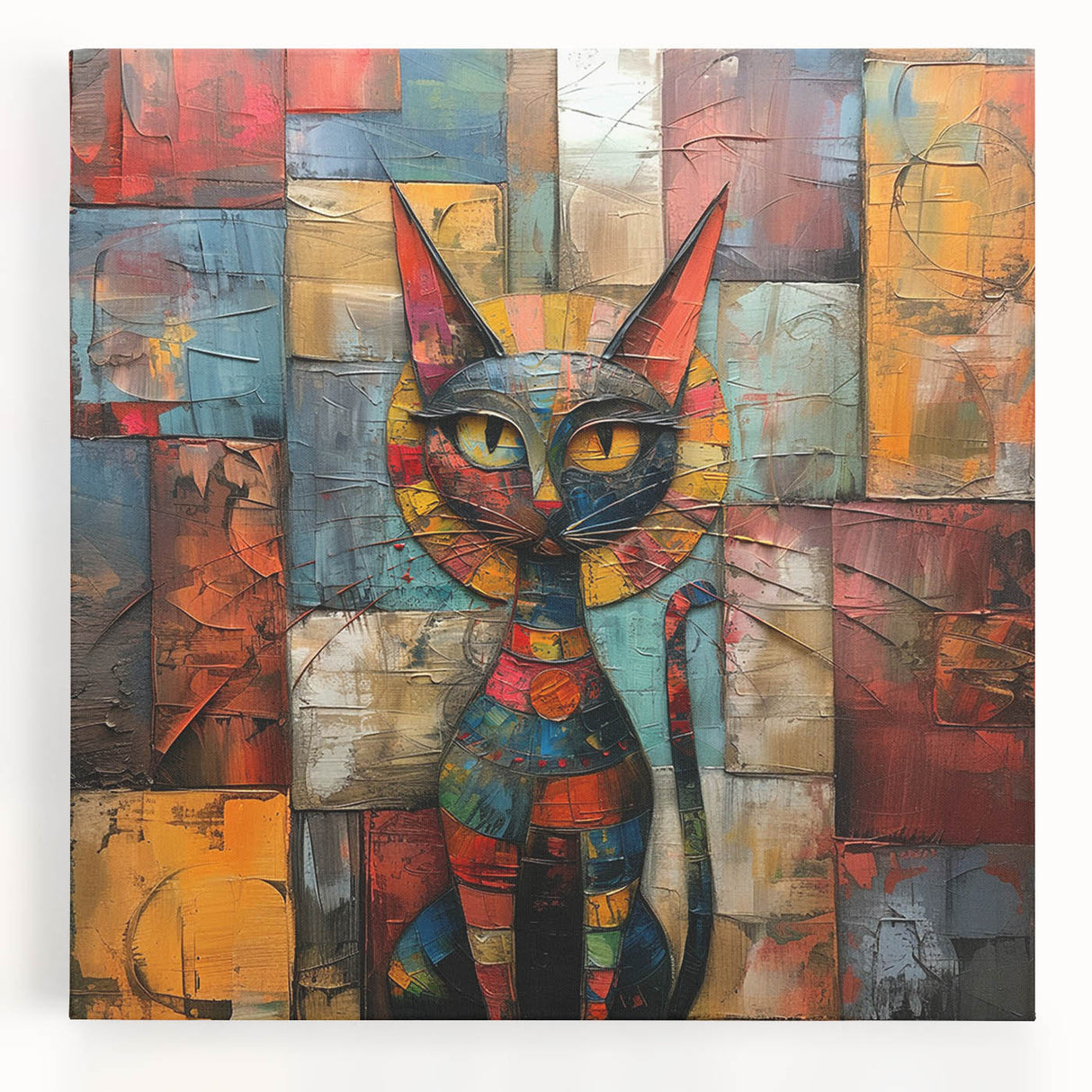 Stretched canvas wall art featuring a vibrant illustration of a wild cat design, showcasing bold colors and intricate details, perfect for animal lovers and home decor enthusiasts.