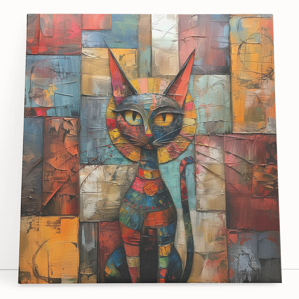 Stretched canvas wall art showcasing a whimsical cat design in vibrant colors, perfect for animal lovers and modern home decor. Ideal for enhancing any living space.