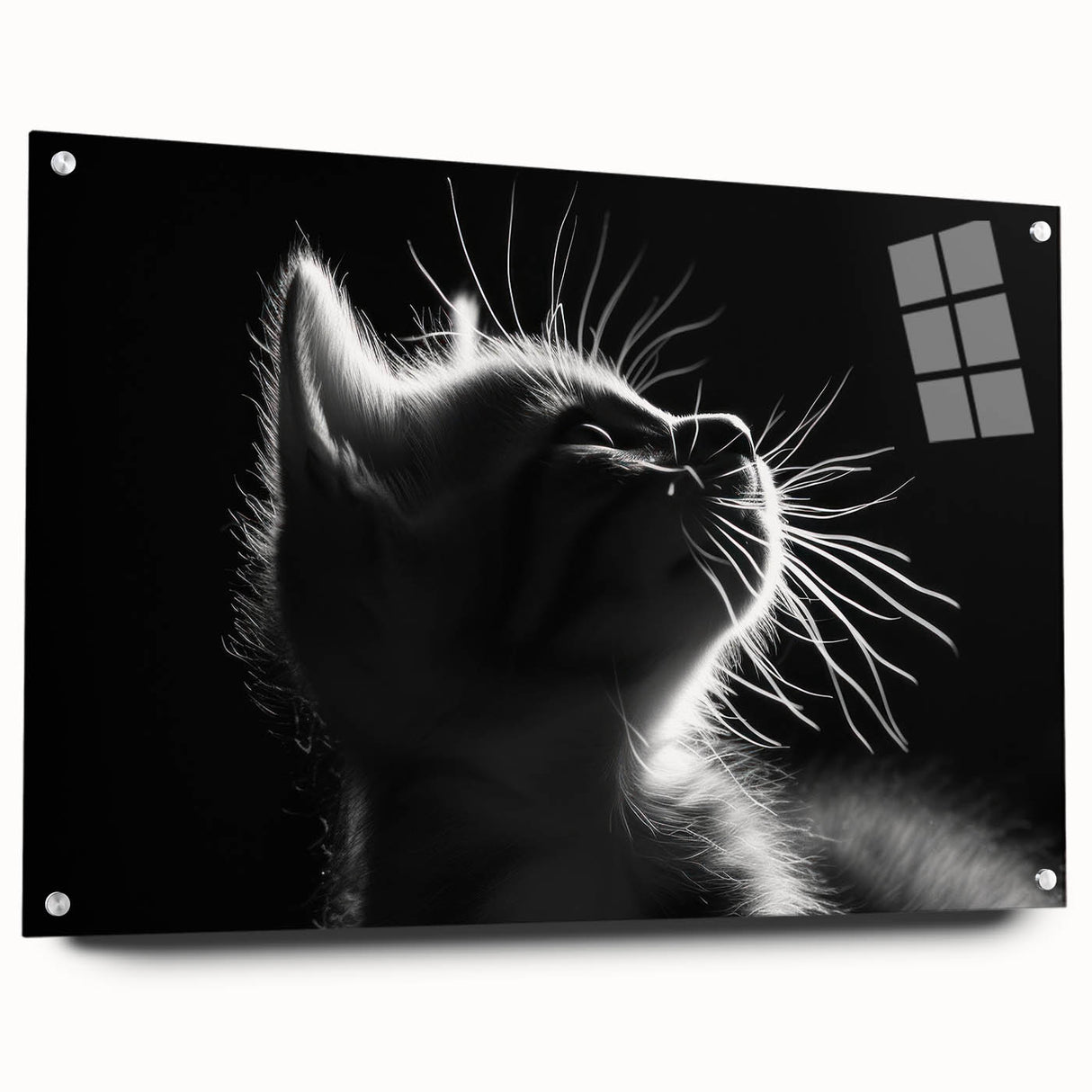 Acrylic glass wall art featuring a vibrant cat design from the Animals A Wild Life collection, showcasing a side view with decorative pins, ideal for modern home decor.