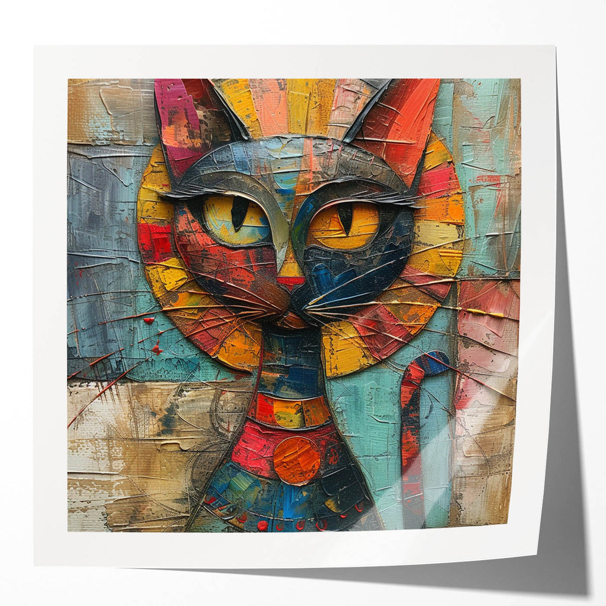 Vibrant wall art print featuring a colorful and playful cat design, showcasing intricate details and bold colors, perfect for animal lovers' decor.
