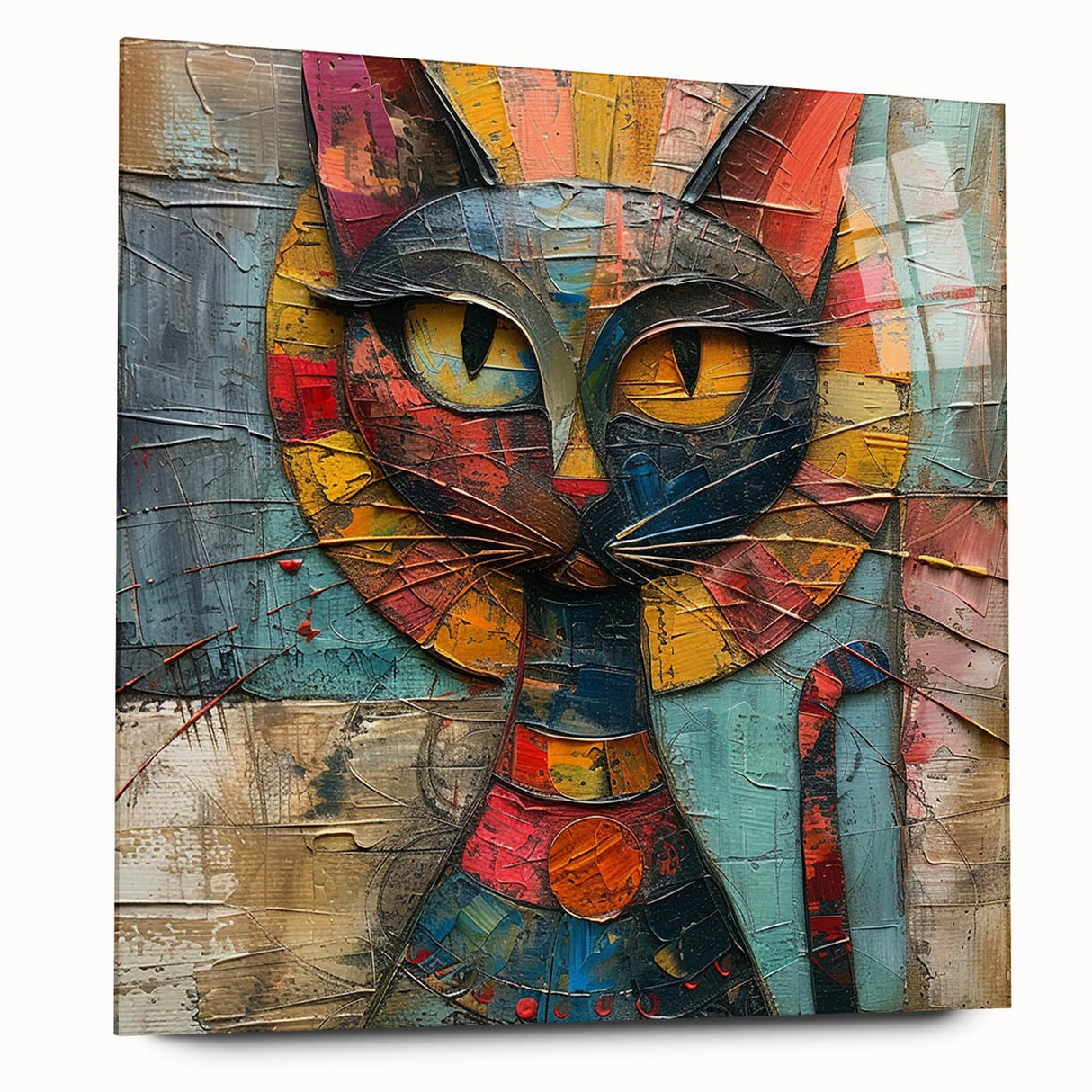 Acrylic glass wall art featuring a vibrant, side-view illustration of a wild cat design, showcasing intricate details and bold colors, ideal for animal lovers' decor.