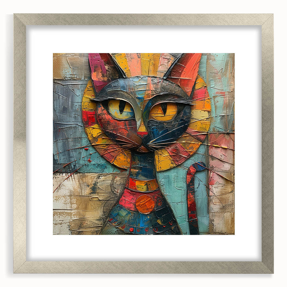 Framed wall art featuring a stylish cat design from the Animals A Wild Life collection, with a sleek silver frame and mat, perfect for modern home decor.