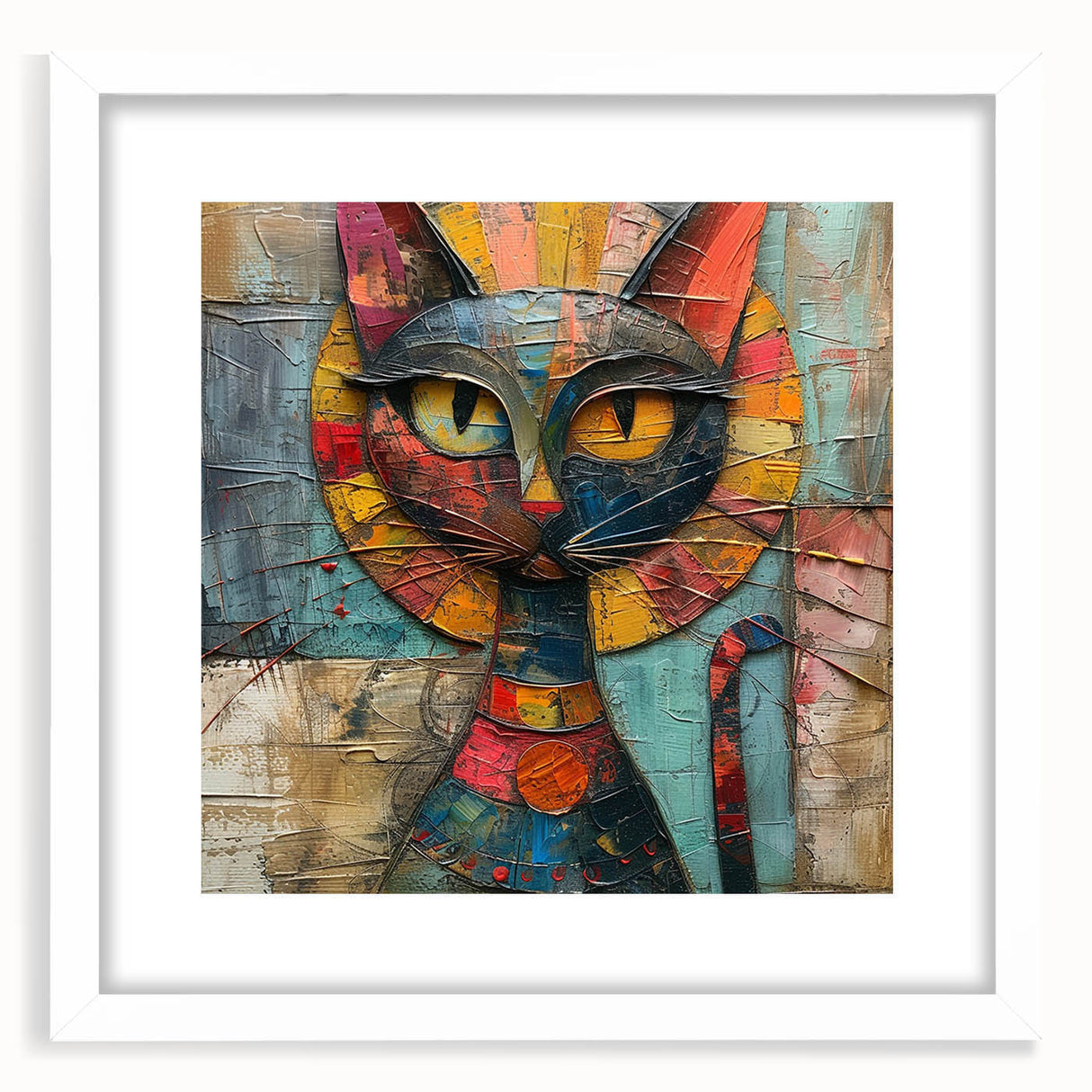 Framed wall art featuring a whimsical cat design from the "Animals A Wild Life" collection, showcasing vibrant colors and a white mat, perfect for home decor.