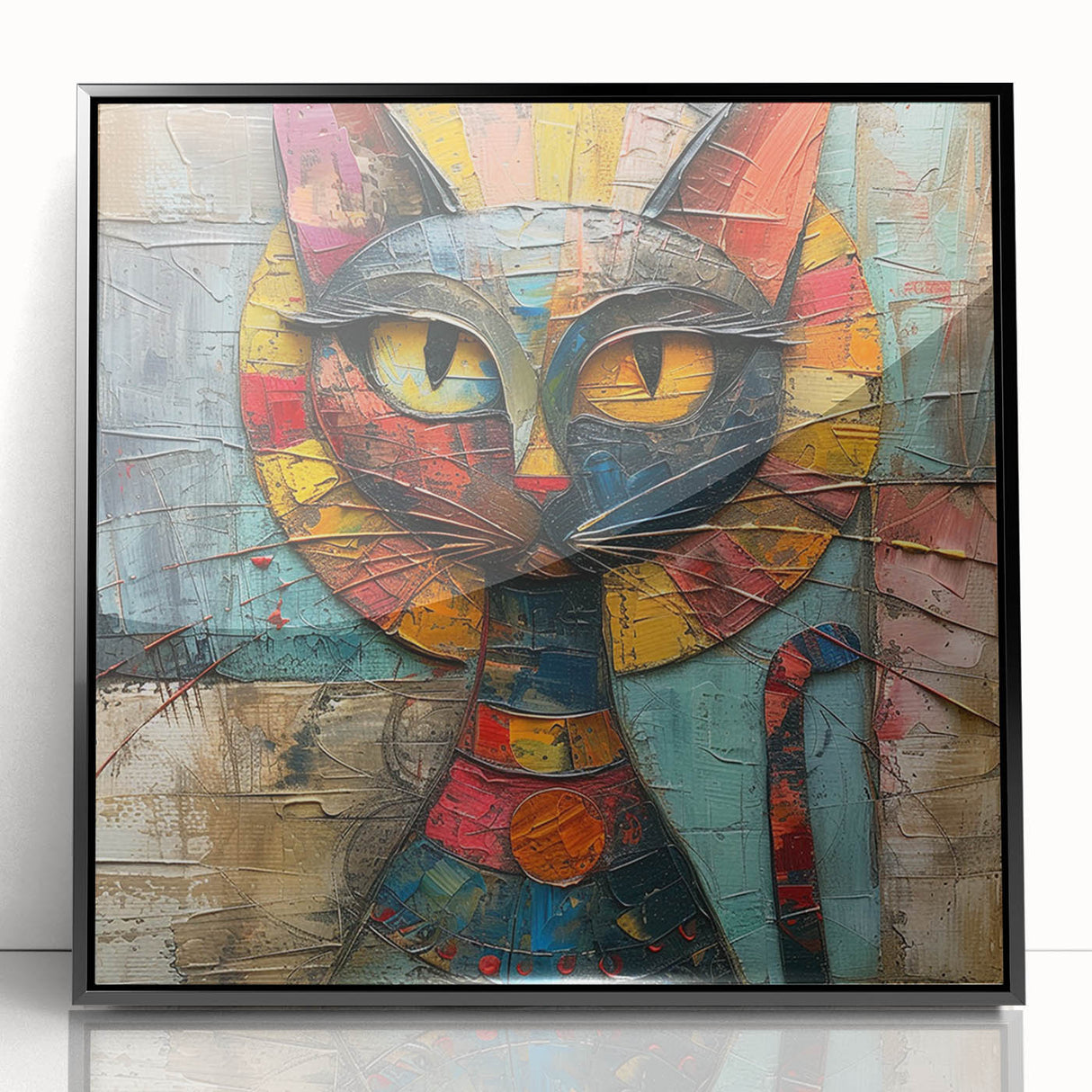 Framed wall art featuring a black cat design with intricate detailing, set against a sleek black frame, ideal for animal lovers and modern decor enthusiasts.