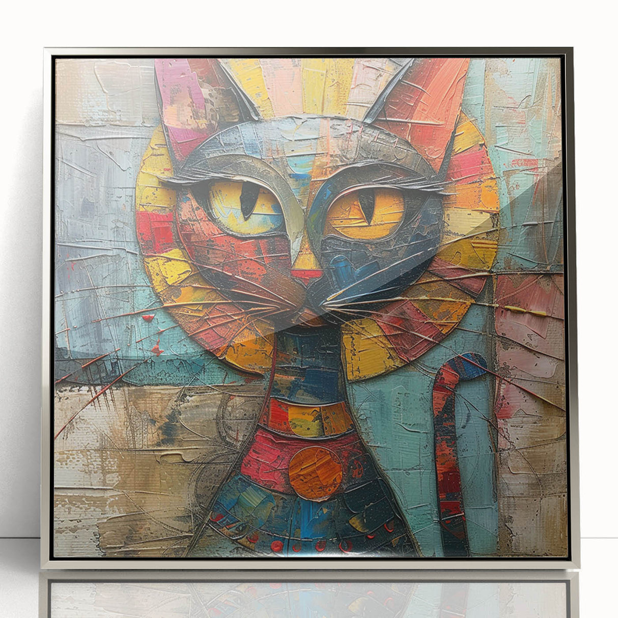Framed wall art featuring a stylish cat design from the "Animals: A Wild Life" collection, showcasing vibrant colors and sleek silver accents, ideal for modern decor.