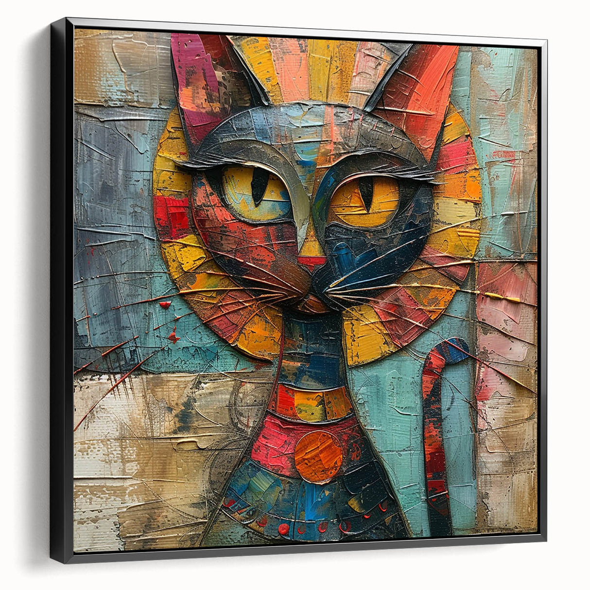 Framed canvas wall art featuring a whimsical cat design in vibrant colors, showcasing playful patterns and textures, ideal for animal lovers and modern decor.