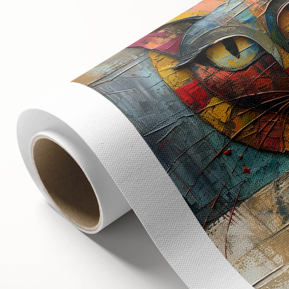 Rolled canvas showcasing a vibrant cat-themed wall art design, featuring intricate details and rich colors, perfect for adding a wild touch to home decor.