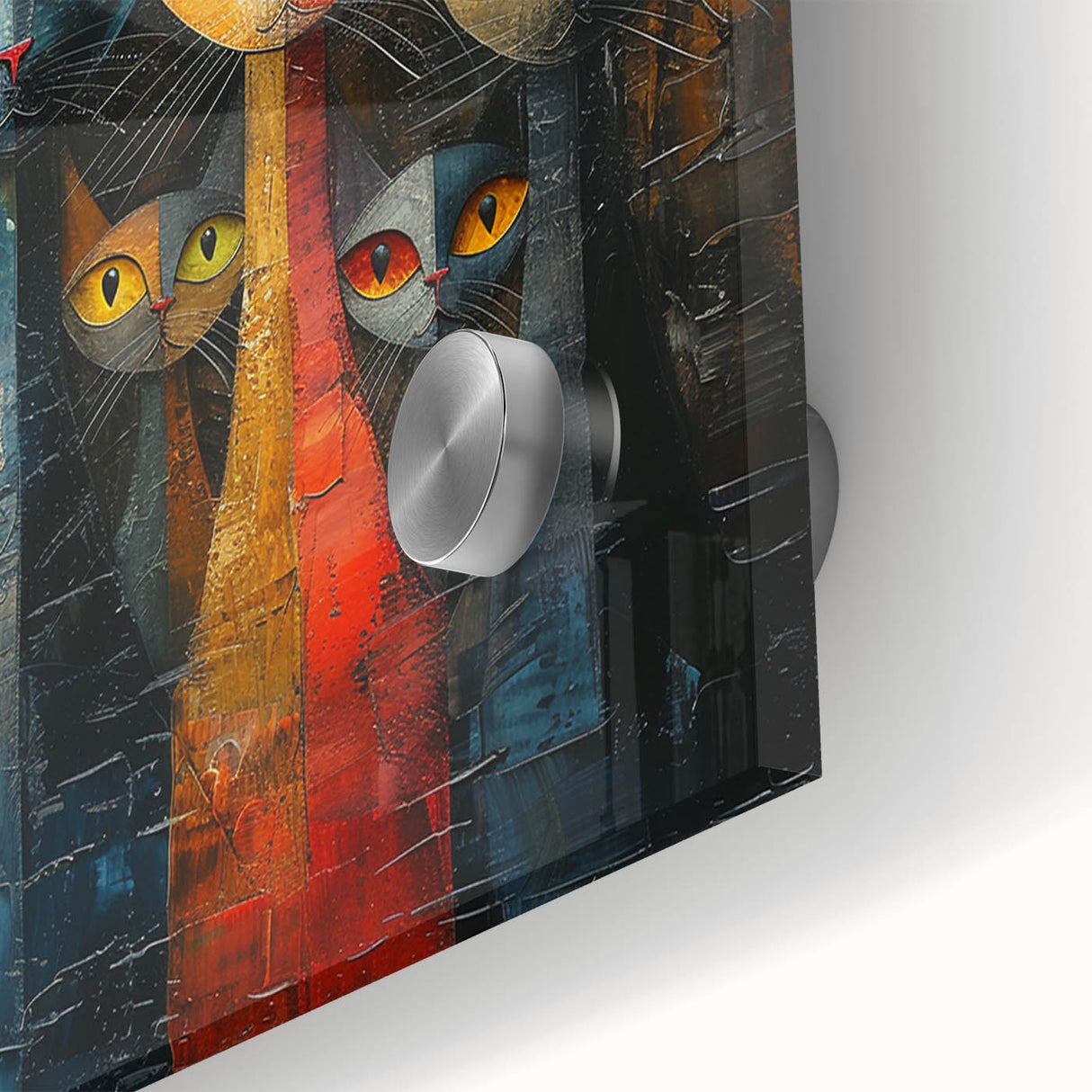Close-up of a vibrant acrylic glass wall art piece featuring a wild cat design, showcasing intricate details and bold colors ideal for animal lovers and modern decor.