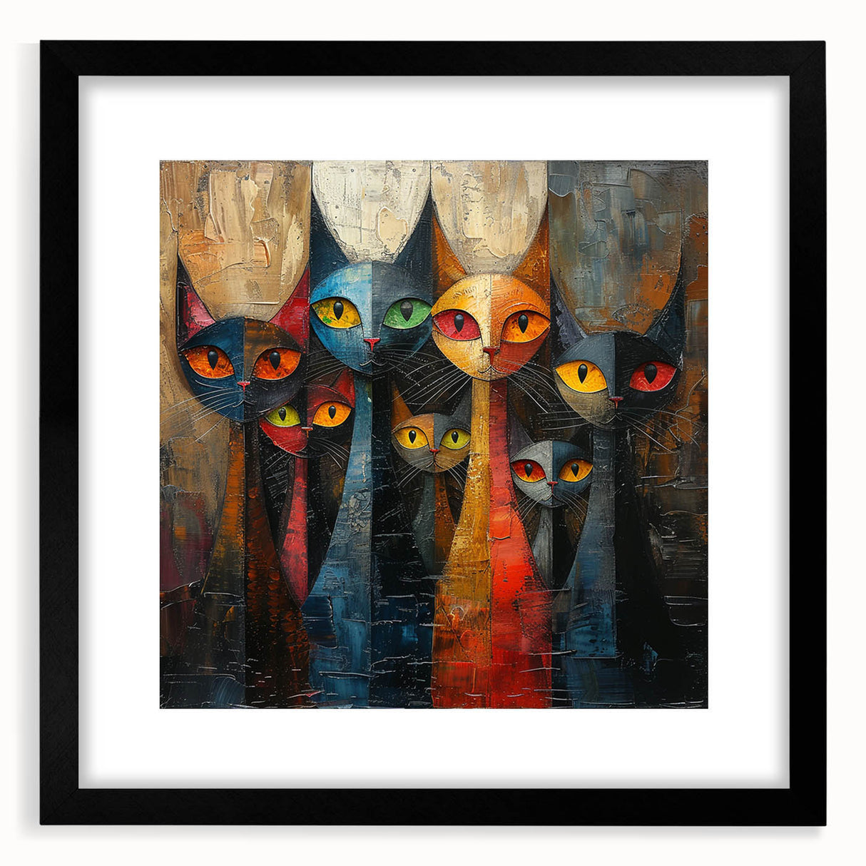 Framed wall art featuring a wild cat design in a sleek black frame, showcasing vibrant colors and intricate details, perfect for animal lovers and home decor enthusiasts.