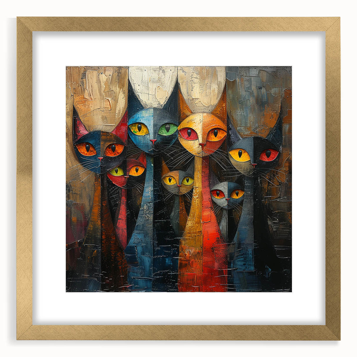 Framed wall art showcasing a stylish wild cat design in a modern gold frame, featuring a mat for added elegance, perfect for animal lovers’ decor.