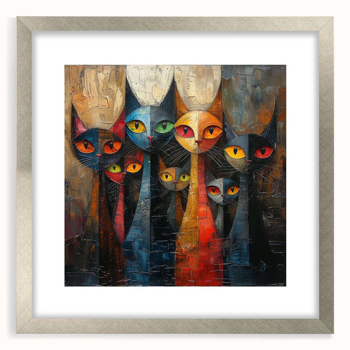 Framed wall art featuring a whimsical cat design in a silver frame with a mat, showcasing vibrant colors and intricate details, perfect for animal lovers' decor.