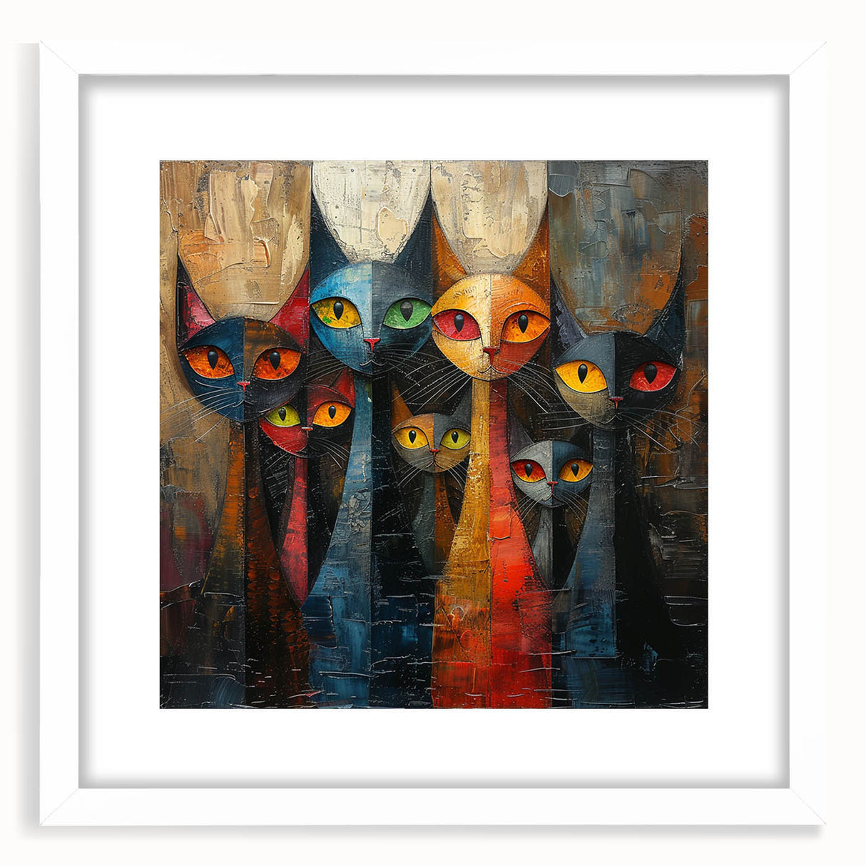 Framed wall art featuring a whimsical cat design, set against a white background with a matte finish, perfect for animal lovers' home decor.