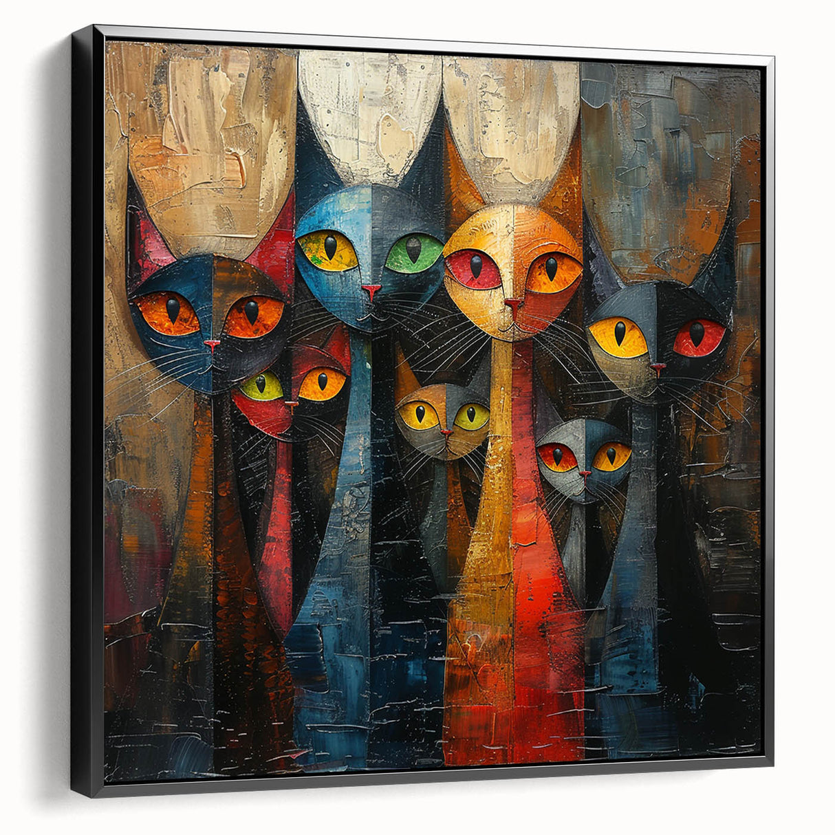 Framed canvas wall art featuring a stylish black cat design, showcasing vibrant colors and intricate details, perfect for modern home decor or cat lovers.