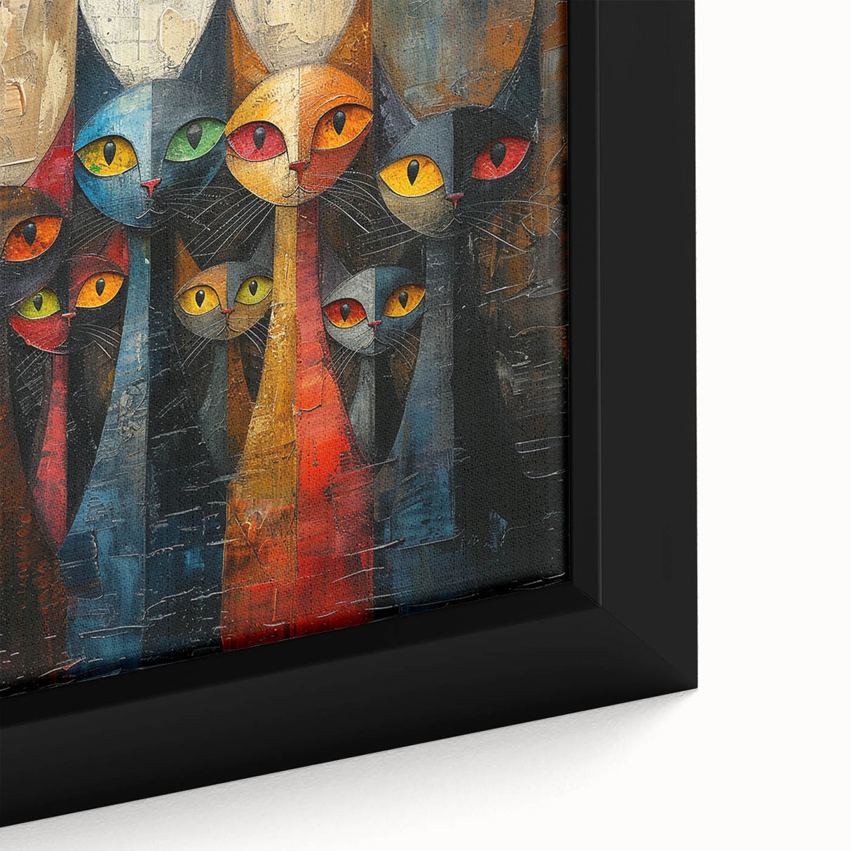Close-up of a framed canvas print showcasing a vibrant wild cat design, highlighting intricate details and textures, perfect for animal lovers and home decor enthusiasts.