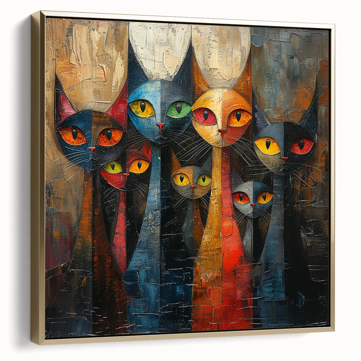 Framed canvas wall art featuring a whimsical cat design in vibrant colors, displayed from the side, showcasing a gold frame that enhances its artistic appeal.