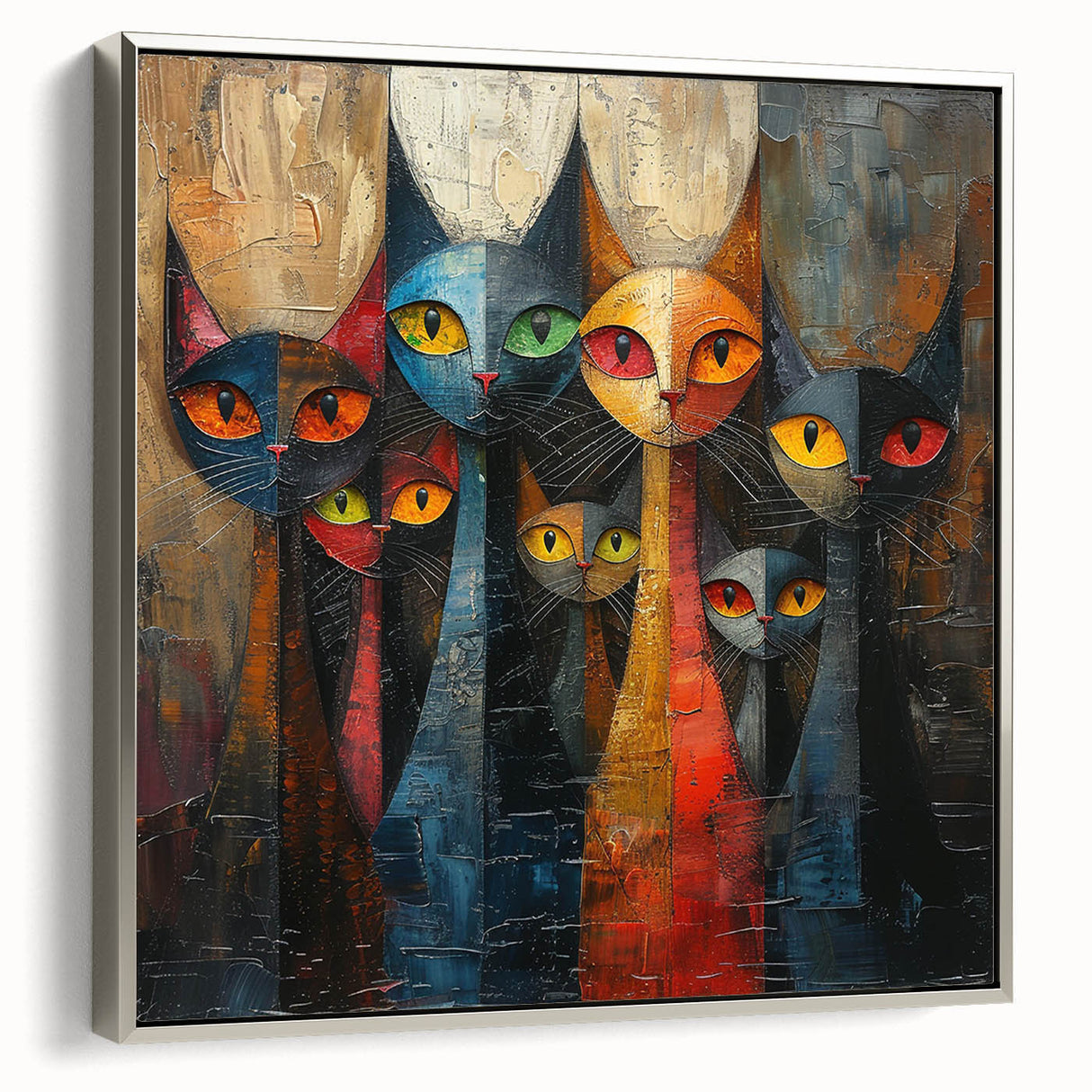 Framed wall art showcasing a wild cat design with intricate details, featuring a silver frame and vibrant colors, perfect for animal lovers’ home decor.
