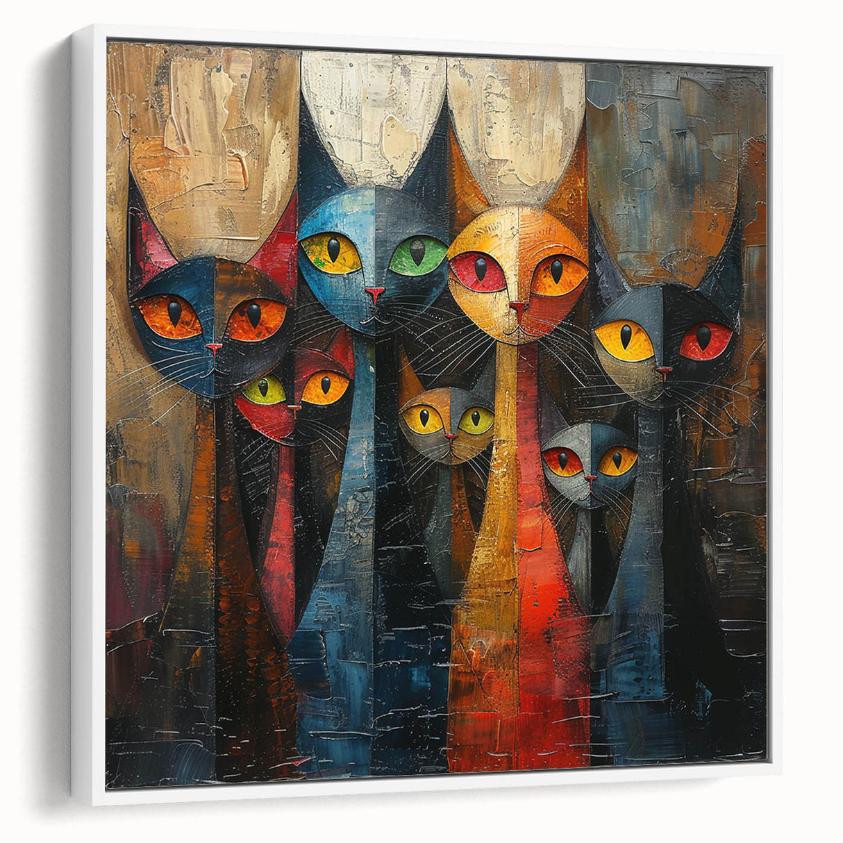 Framed canvas wall art showcasing a whimsical cat design with vibrant colors against a white background, ideal for animal lovers and home decor enthusiasts.