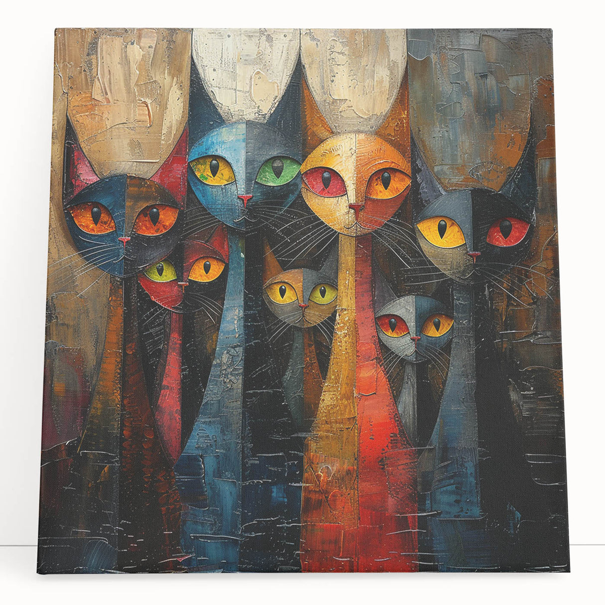 Stretched canvas wall art featuring a vibrant cat design with intricate details, showcasing a wild animal theme, perfect for modern home decor.