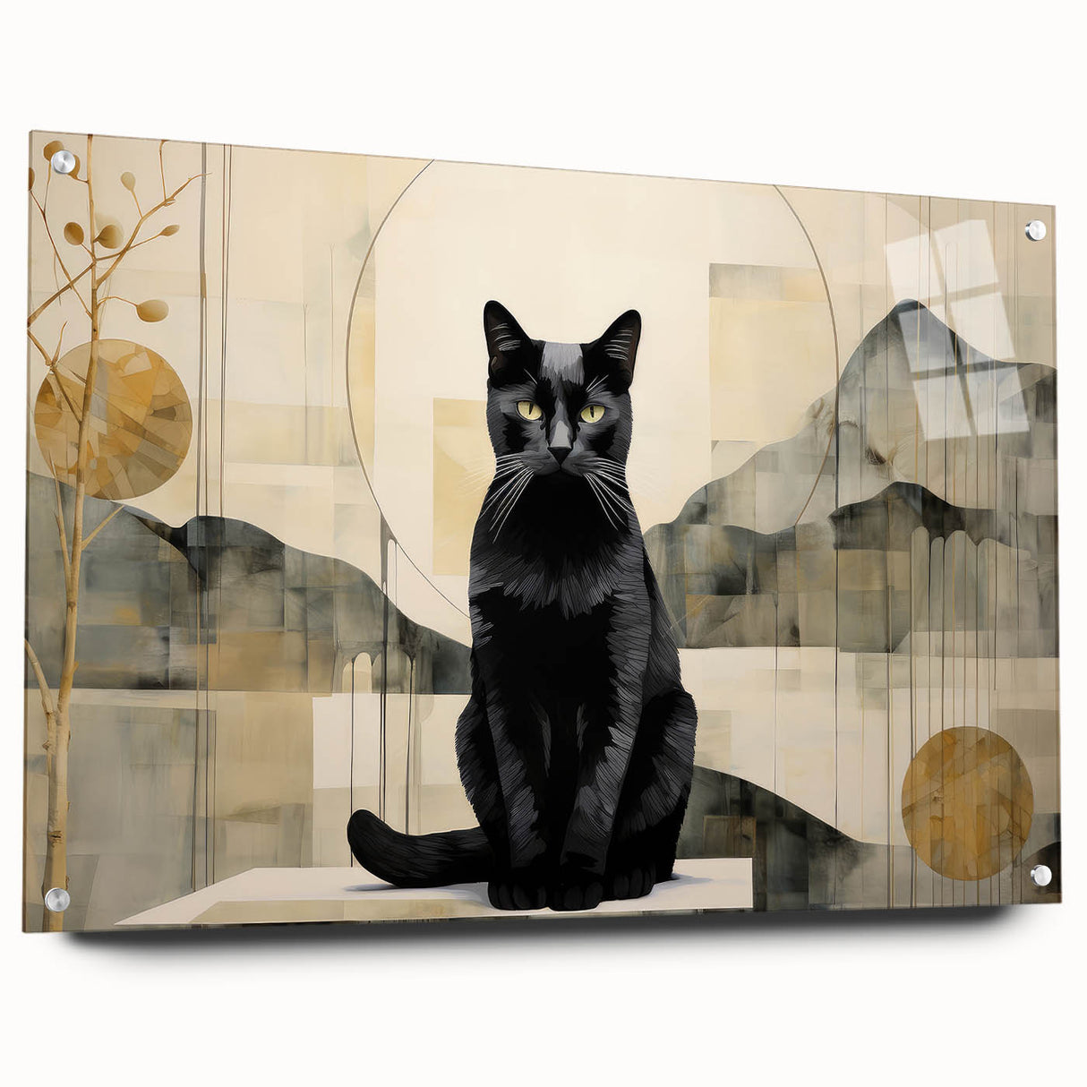 Side view of a vibrant acrylic glass wall art piece featuring a wild cat design, showcasing detailed colors and textures, mounted with pins for display.