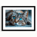 Framed wall art collection featuring a whimsical cat design in a black frame with a mat, showcasing vibrant colors and playful patterns, perfect for animal lovers.