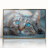 Framed wall art featuring a playful cat design in vibrant colors, set against a stylish gold-acrylic finish, perfect for enhancing any modern decor.