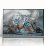 Framed wall art featuring a sleek silver-acrylic design of a wild cat, showcasing vibrant colors and intricate details, perfect for animal lovers and modern decor enthusiasts.