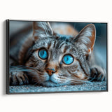 Framed canvas wall art featuring a stylized cat design in a vibrant color palette, showcasing intricate details and a modern aesthetic. Ideal for animal lovers and home decor enthusiasts, this piece adds a playful touch to any living space.