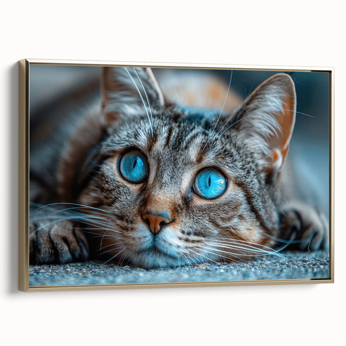 Framed canvas wall art featuring a stylish cat design, highlighted by a gold frame. The artwork showcases vibrant colors and intricate details, perfect for modern decor.