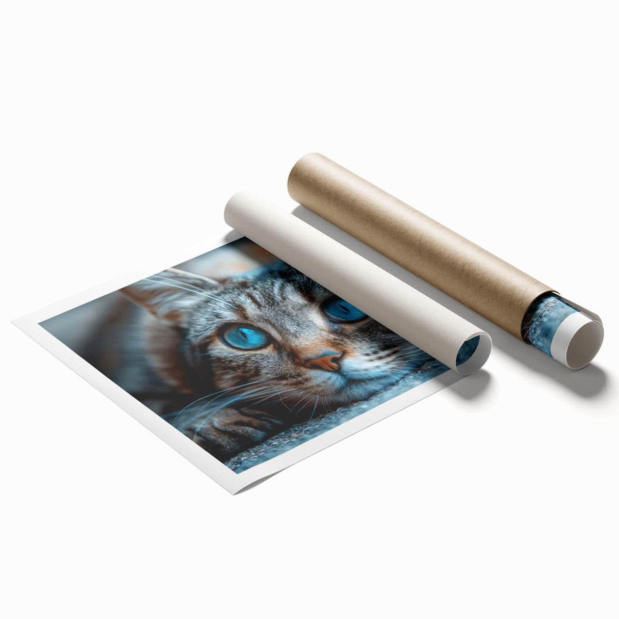 Colorful wall art collection featuring a stylized cat design, showcasing vibrant hues and intricate details, rolled and ready for display in any modern decor setting.