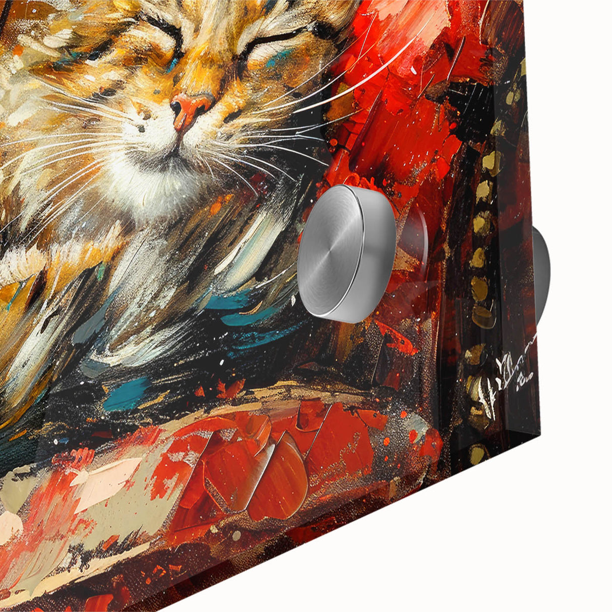 Close-up of a vibrant acrylic glass wall art collection featuring a wild cat design, showcasing intricate details and vivid colors, ideal for animal lovers' decor.