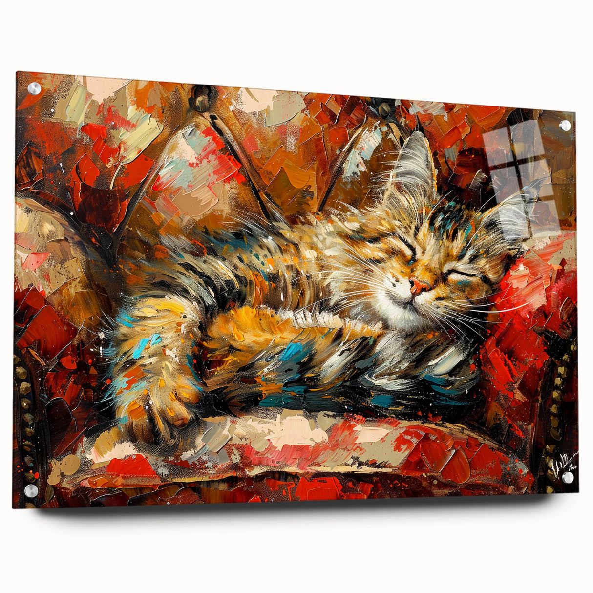 Acrylic wall art collection showcasing a vibrant cat design in a side view, elegantly displayed with pins on a clean white background, perfect for animal lovers' decor.