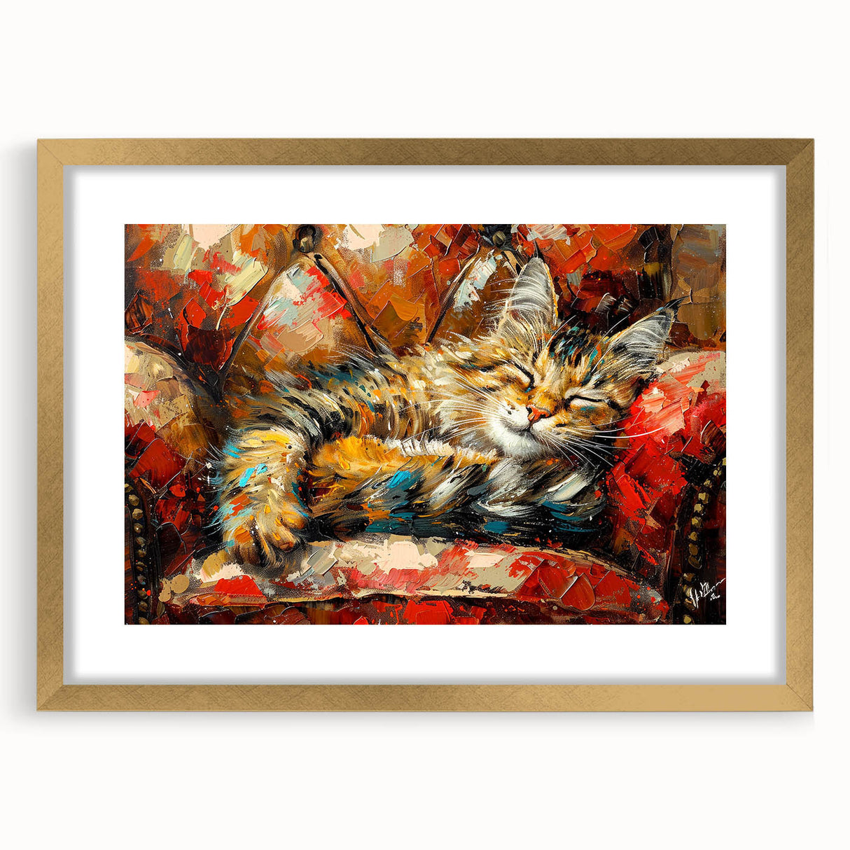 Wall art featuring a stylish gold-framed cat design, showcasing intricate animal illustrations on a white mat, perfect for modern home decor.