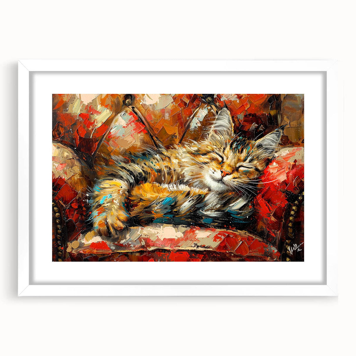 Framed wall art collection featuring a whimsical cat design, showcasing vibrant colors and intricate details, perfect for animal lovers' home decor. The artwork is presented in a sleek white frame with a mat, enhancing its visual appeal.