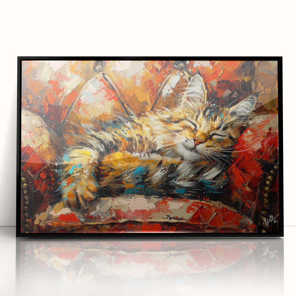 Framed wall art featuring a stylized cat design from the Animals A Wild Life collection, showcasing intricate details and bold colors on a black background.