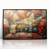 Framed wall art featuring a stylized cat design from the Animals A Wild Life collection, showcasing intricate details and bold colors on a black background.
