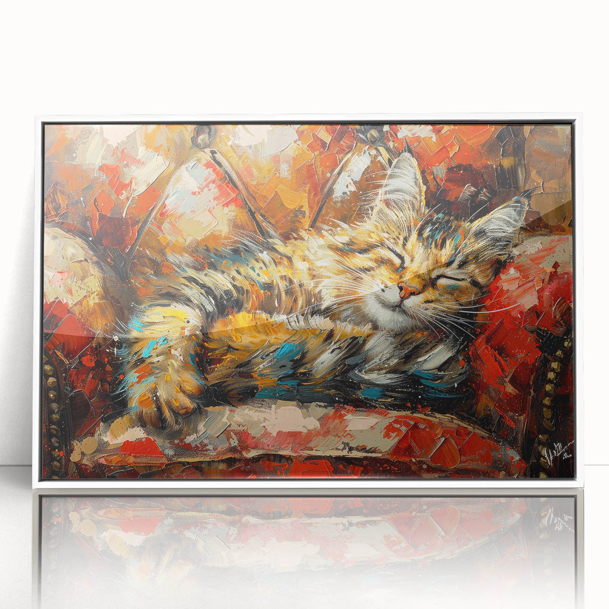 Framed acrylic wall art featuring a stylized cat design in vibrant colors, showcasing intricate details and an elegant white frame, perfect for animal lovers.