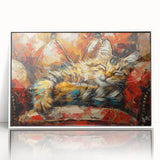 Framed acrylic wall art featuring a stylized cat design in vibrant colors, showcasing intricate details and an elegant white frame, perfect for animal lovers.