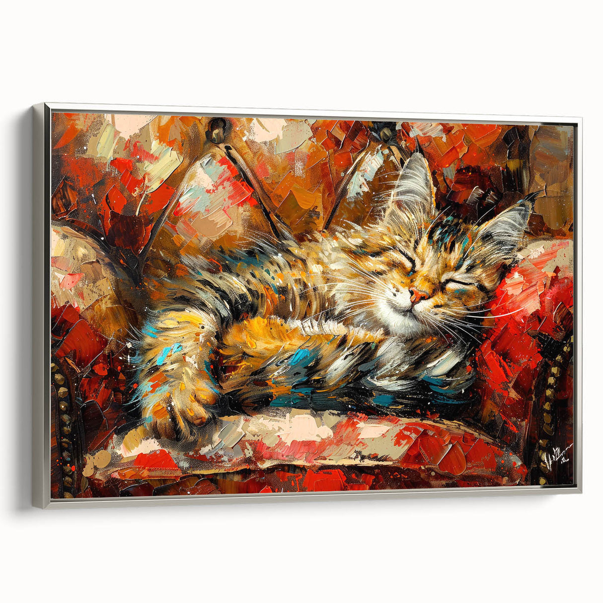 Framed wall art featuring a sleek silver cat design on canvas, showcasing a contemporary aesthetic with vibrant colors, perfect for animal lovers and modern decor.