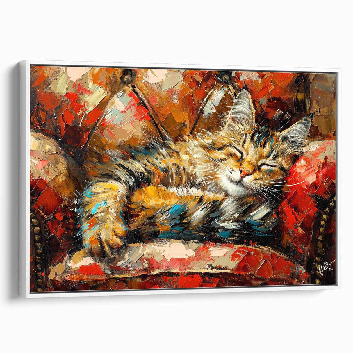 Framed wall art featuring a vibrant cat design in a wild life theme, showcasing intricate details and vivid colors against a white background, ideal for animal lovers.