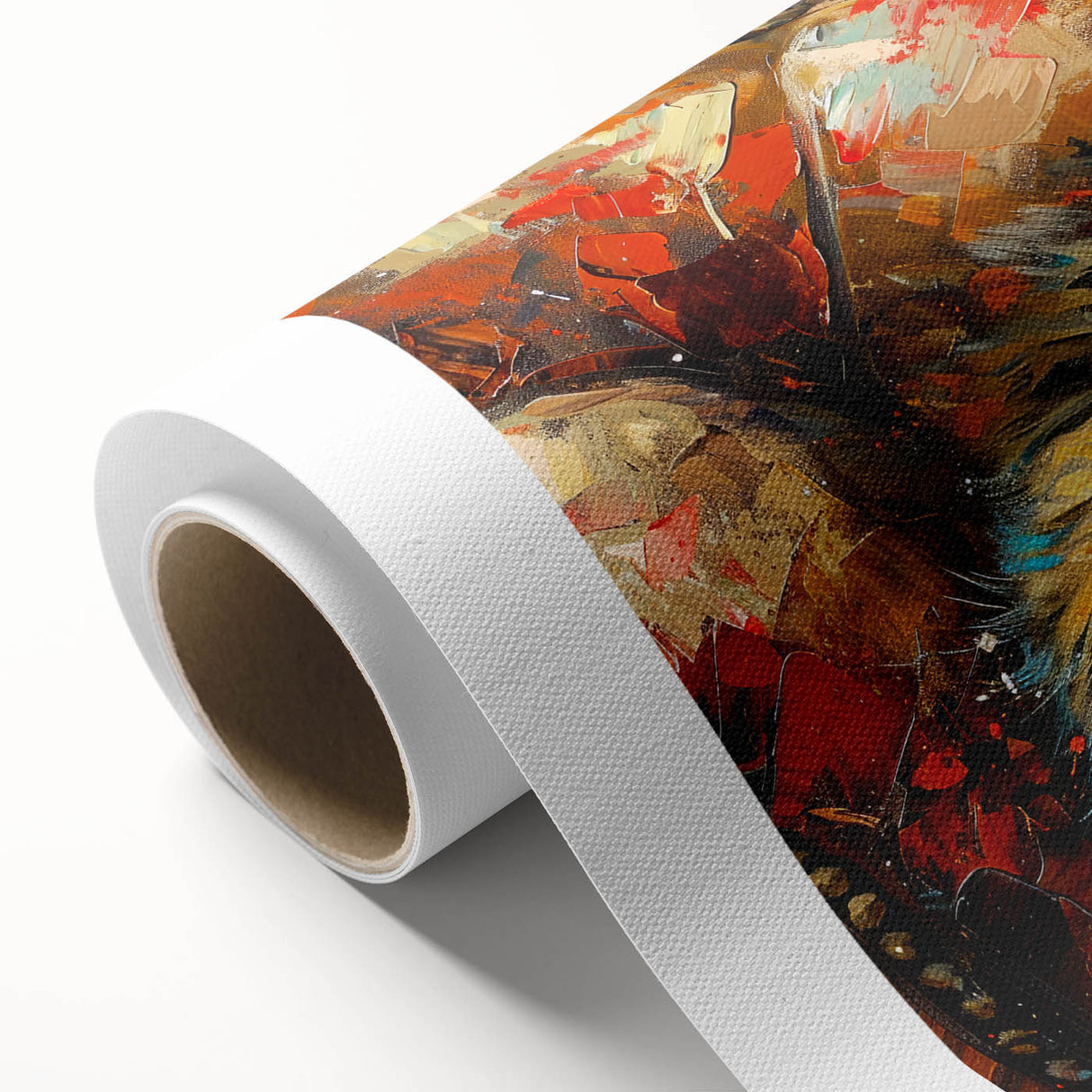 Rolled canvas wall art showcasing a vibrant cat design, featuring intricate details and bold colors, perfect for animal lovers and home decor enthusiasts.