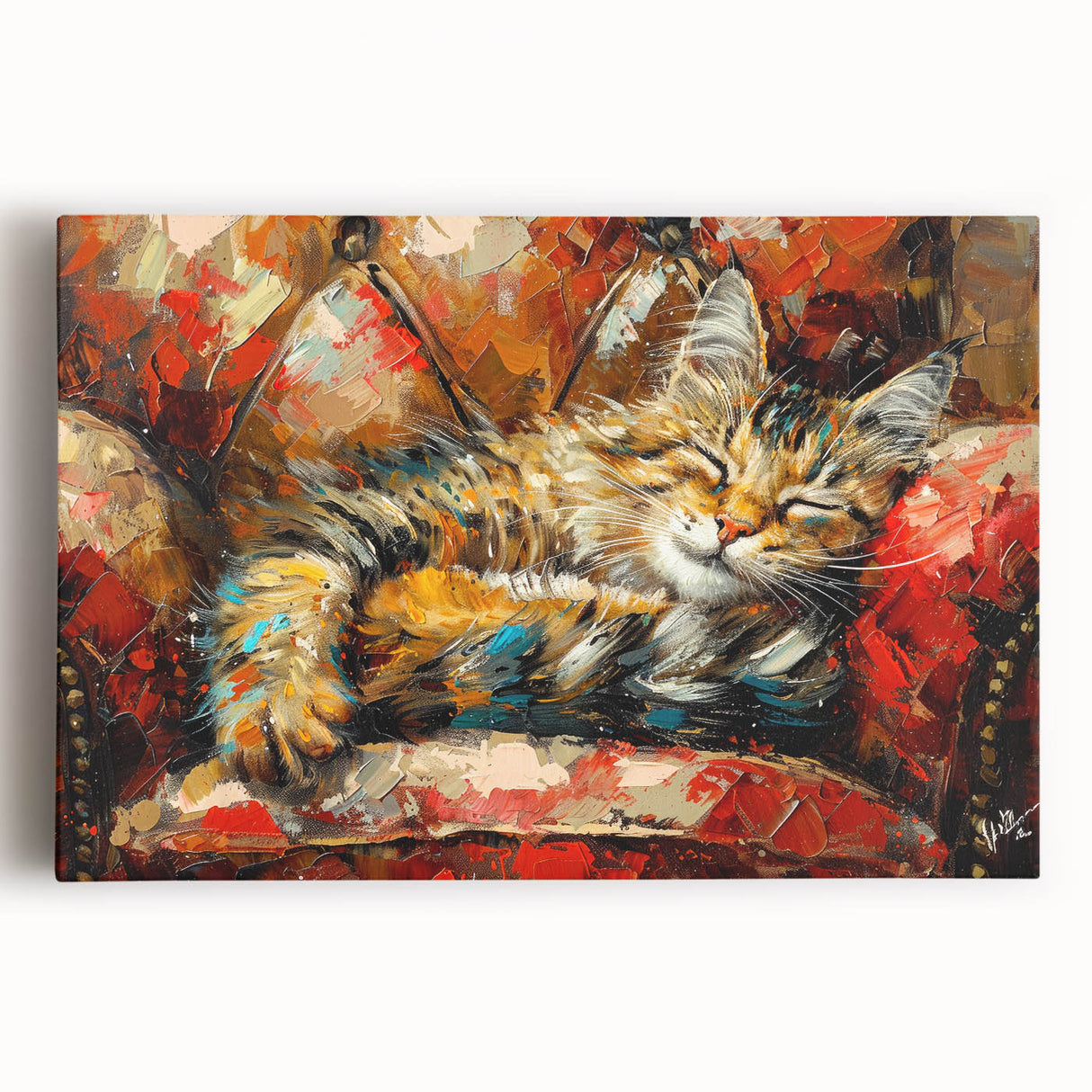 Colorful stretched canvas wall art showcasing a playful cat design, featuring detailed textures and vibrant colors, perfect for animal lovers' home decor.