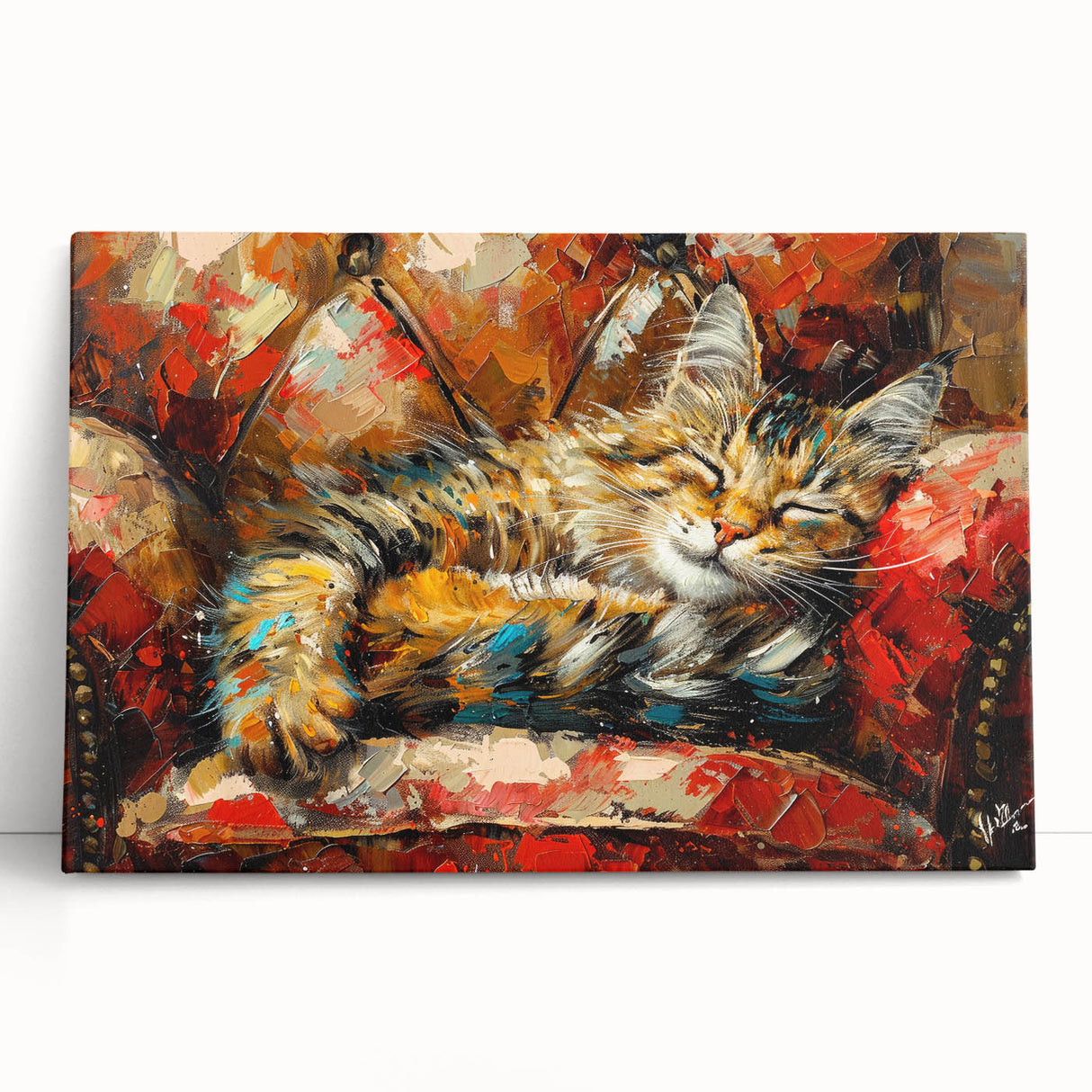 Stretched canvas wall art depicting a vibrant, abstract cat design in warm tones, perfect for enhancing modern home decor. Ideal for animal lovers and art enthusiasts.