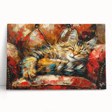 Stretched canvas wall art depicting a vibrant, abstract cat design in warm tones, perfect for enhancing modern home decor. Ideal for animal lovers and art enthusiasts.