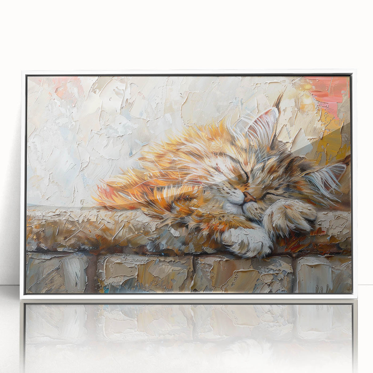 Framed wall art featuring a stylish cat design in vibrant colors, showcasing a modern aesthetic. The acrylic frame enhances the artwork's appeal, making it a perfect decorative piece for animal lovers.